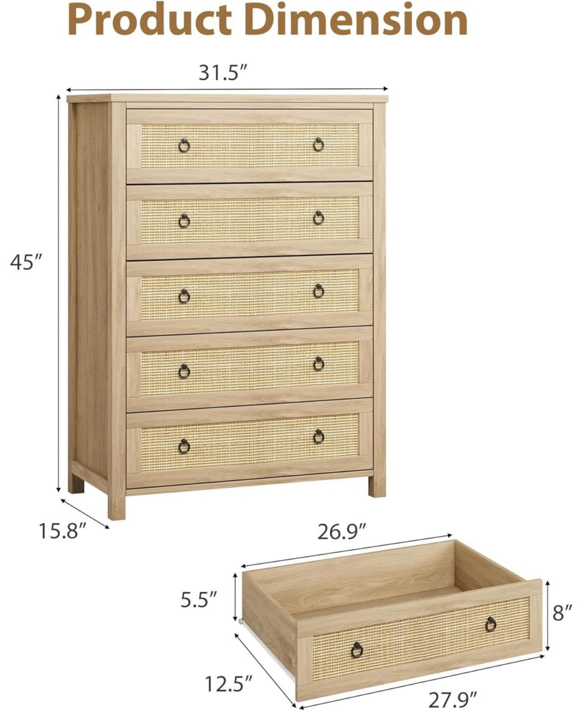 Gaomon 5 Drawer Tall Dresser for Bedroom, 45 in Rattan Dresser, Boho Chest of Drawers, Wooden Chest with Clothes Storage Cabinet