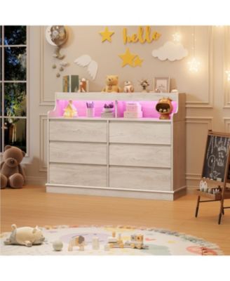 6 Drawer Dresser for Bedroom with LED Lights and Charging Station, Wooden Chest of Drawers with Spacious Top for Closet, Hallway, Living Room