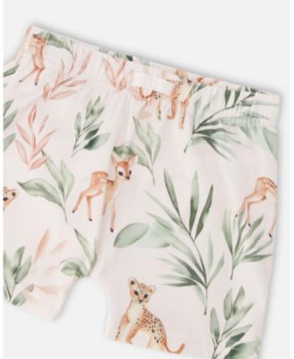 Baby Girls Pointelle Top and Cotton Jersey Short Set Green and Peach Deer Print