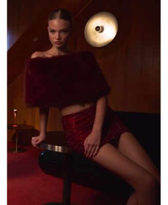 Women's Darla Burgundy Faux Fur Off-Shoulder Cropped Top