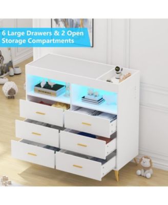 Dresser for Bedroom with 6 Drawers, Multi-Functional Nursery Dresser with LED Lights & Charging Station