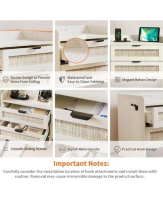Boho Rattan Bedside Table with Type-C Charging Station, Nightstand with 2 Drawer Storage