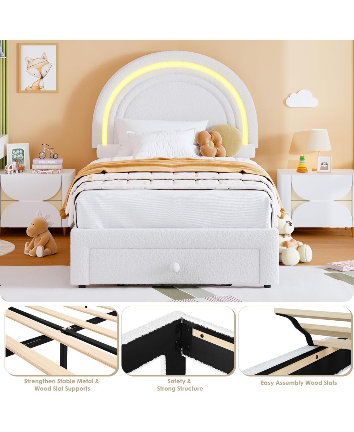 gaomon Twin Led Kids Bed Frame, Upholstered Platform with Rainbow Headboard & Storage Drawer, No Box Spring Needed