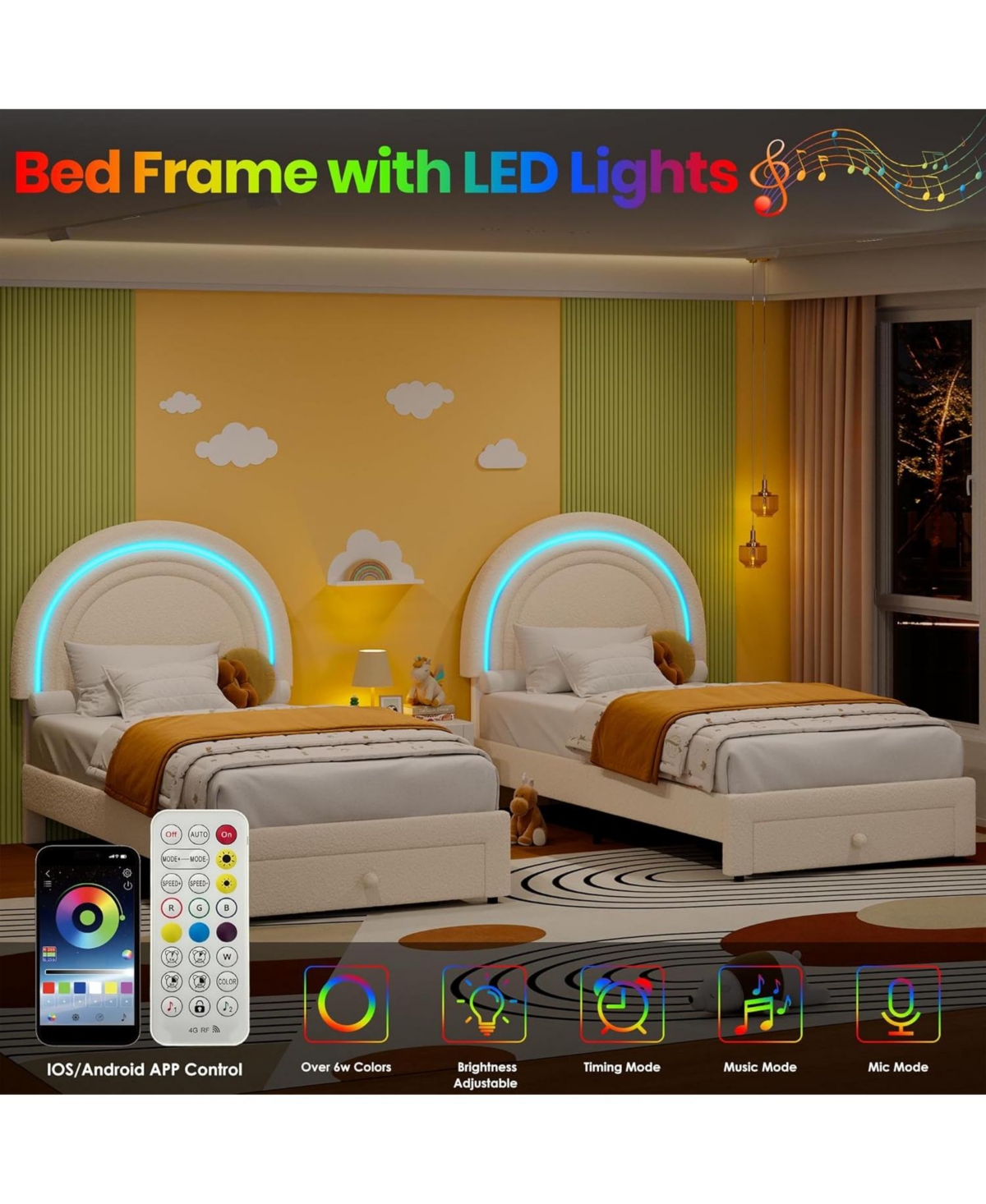 gaomon Twin Led Kids Bed Frame, Upholstered Platform with Rainbow Headboard & Storage Drawer, No Box Spring Needed