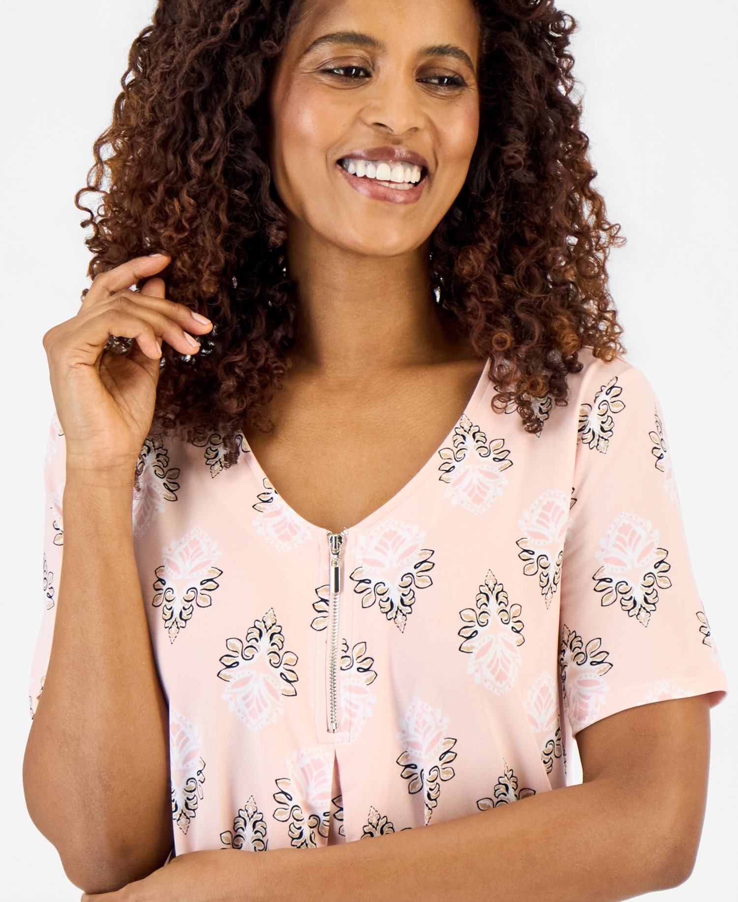 Women's V-Neck Front-Zip Pleated Top