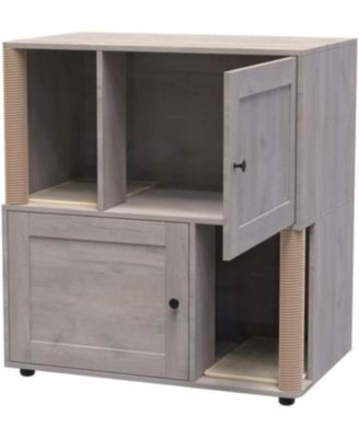 Double Room Cat Litter Box Enclosure for 2 Cats, Hidden Litterbox Furniture with Scratch Posts and Double-Layer Mat