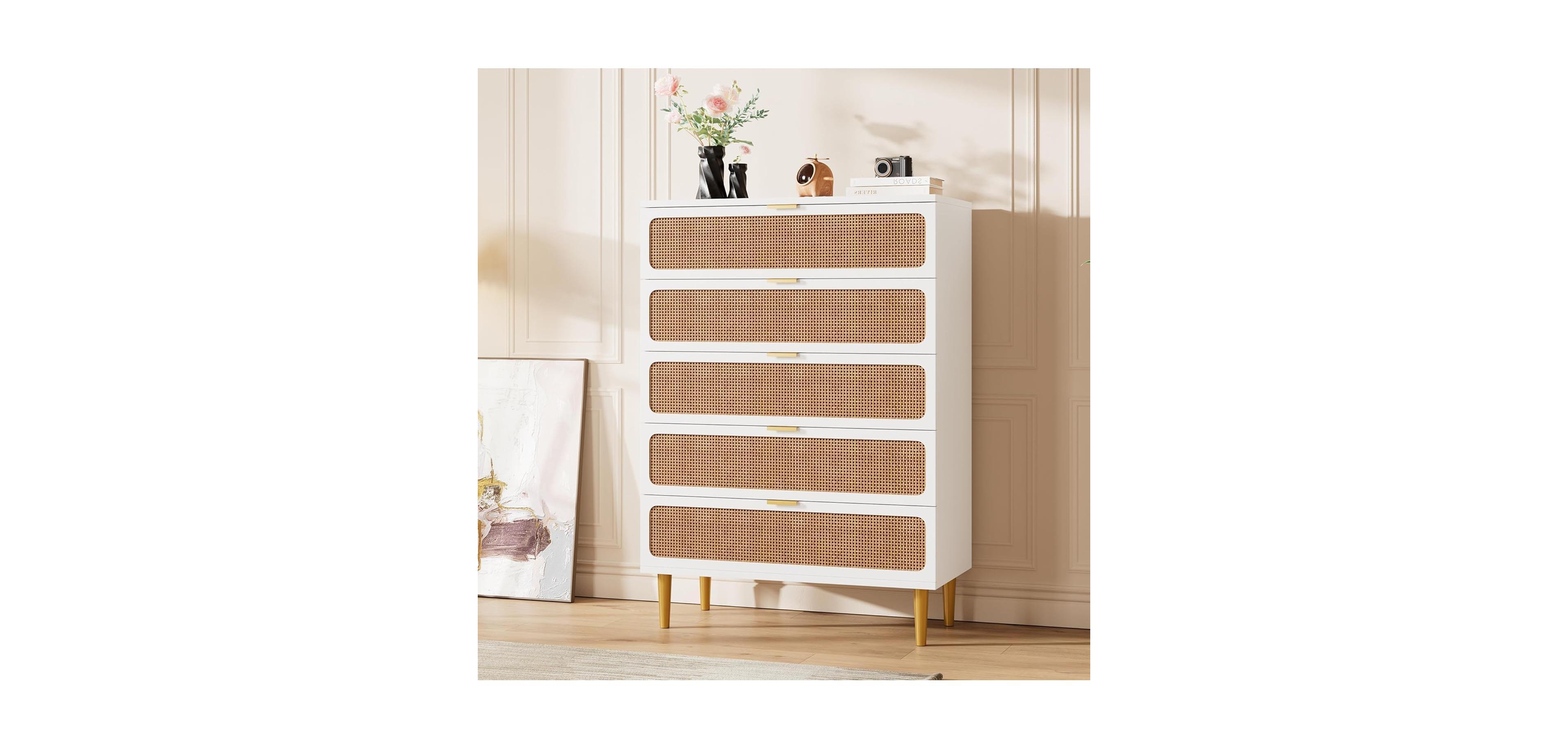 gaomon Rattan 5 Drawer Dresser for Bedroom, Chest of Drawers with Deep Drawers, Large Double Dresser for Closet with Wide Top