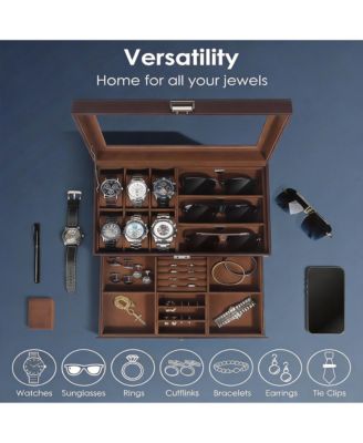 Premium Leather Watch & Jewelry Organizer with Glass Lid