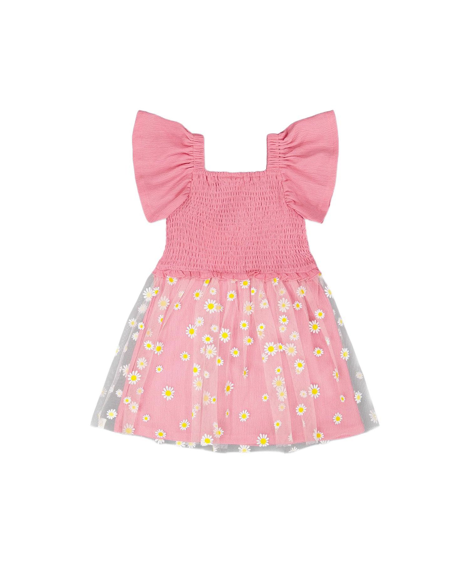Girl Mesh and Crinkle Jersey Dress with Smocking Pink - Child