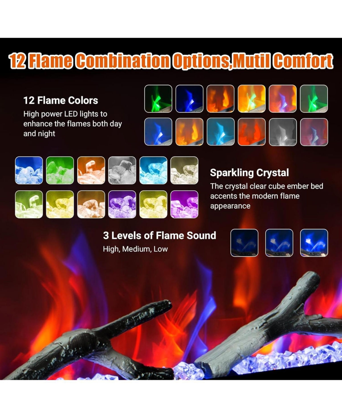 gaomon Built In Electric Fireplace with Smart Voice & Remote Control, 12 Flames