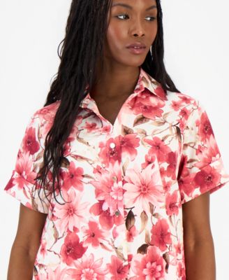 Petite Printed Short-Sleeve Button-Front Shirt