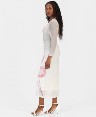 Petite Ruched Printed Mesh Midi Dress