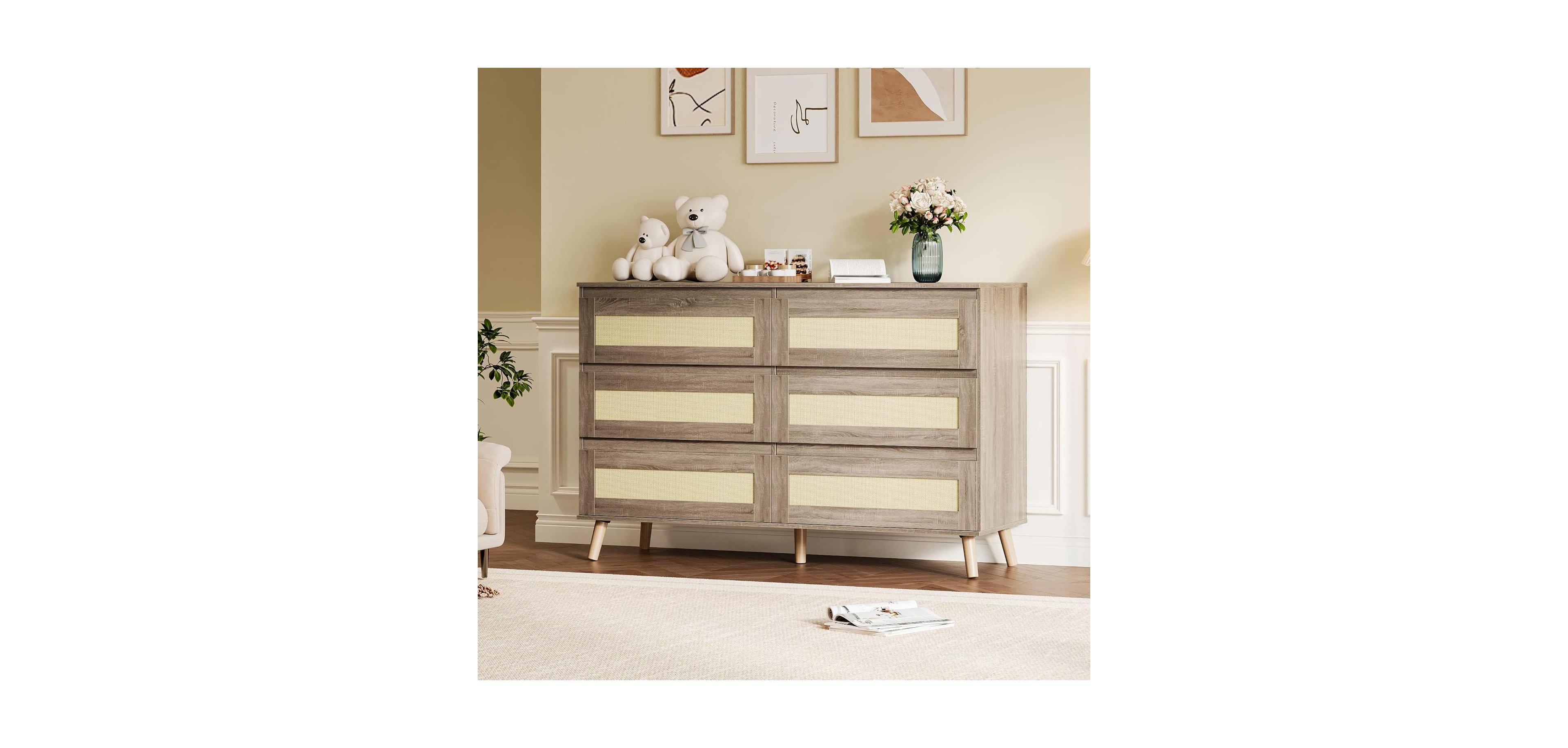 Gaomon 6 Drawer Dresser for Bedroom, Rattan Chest of Dressers, Modern Farmhouse Wood Dresser, Storage Cabinet for Closet, Living Room