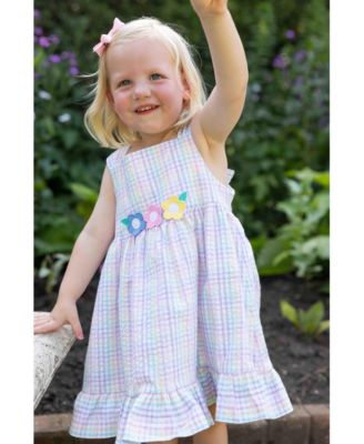 Toddler Girls Plaid Seersucker Dress With Flowers