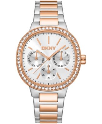 Women's Silver Dial Crystal Bezel Two-Tone Red Gold Stainless Steel Bracelet Multifunctional Watch, 36mm