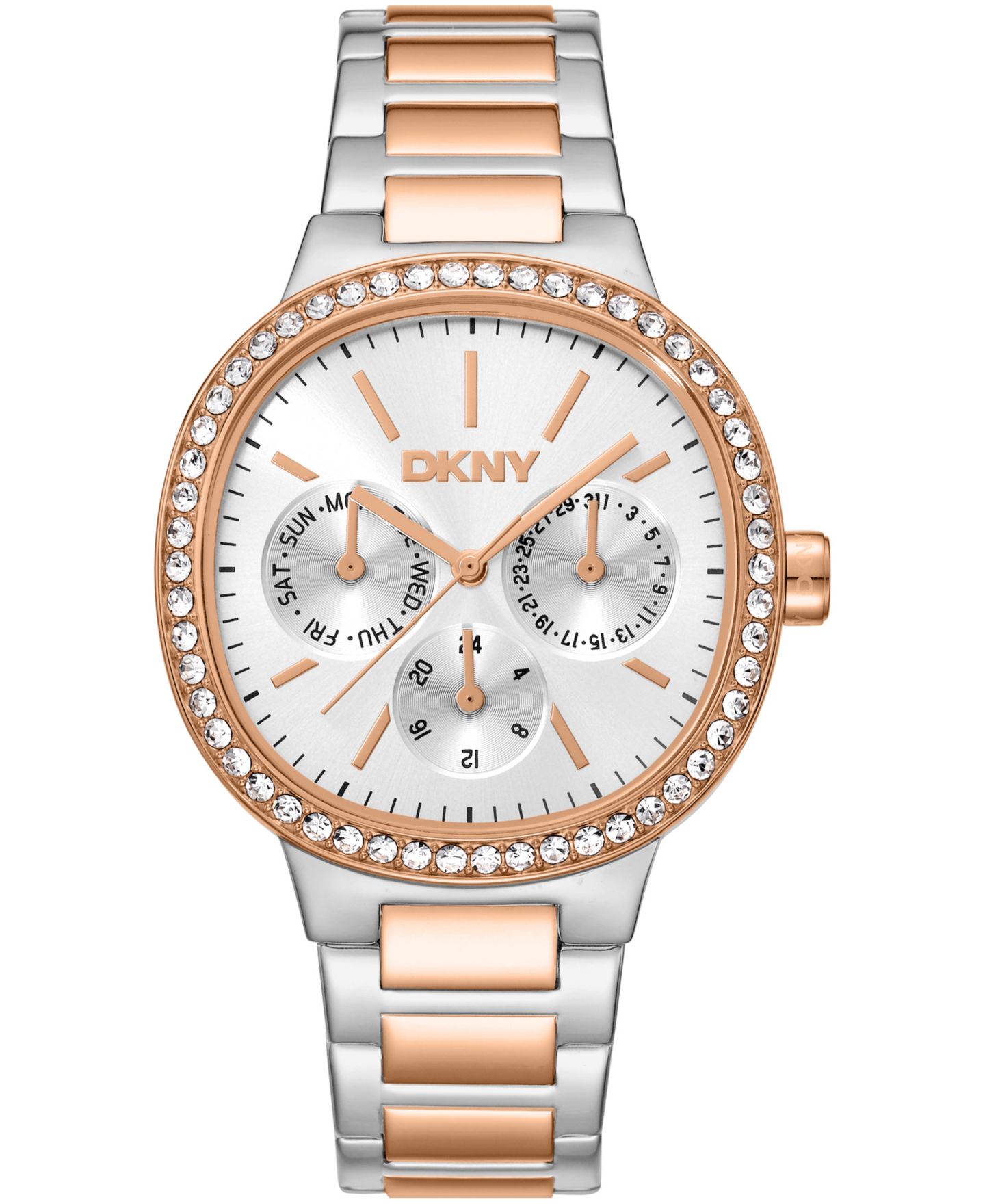 Женские часы DKNY Silver Dial Crystal Bezel Two-Tone Red Gold Stainless Steel Bracelet Multifunctional, 36mm — фото 1