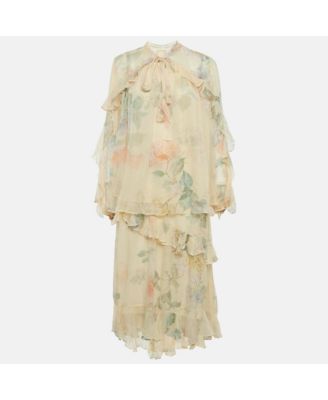 Women's Floral Print Frill Detail Crepe Top & Skirt Set