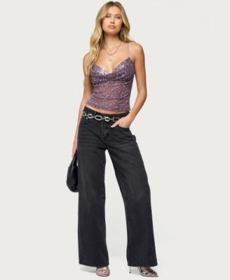 Women's Sequin Layered Bra Cowl Neck Top