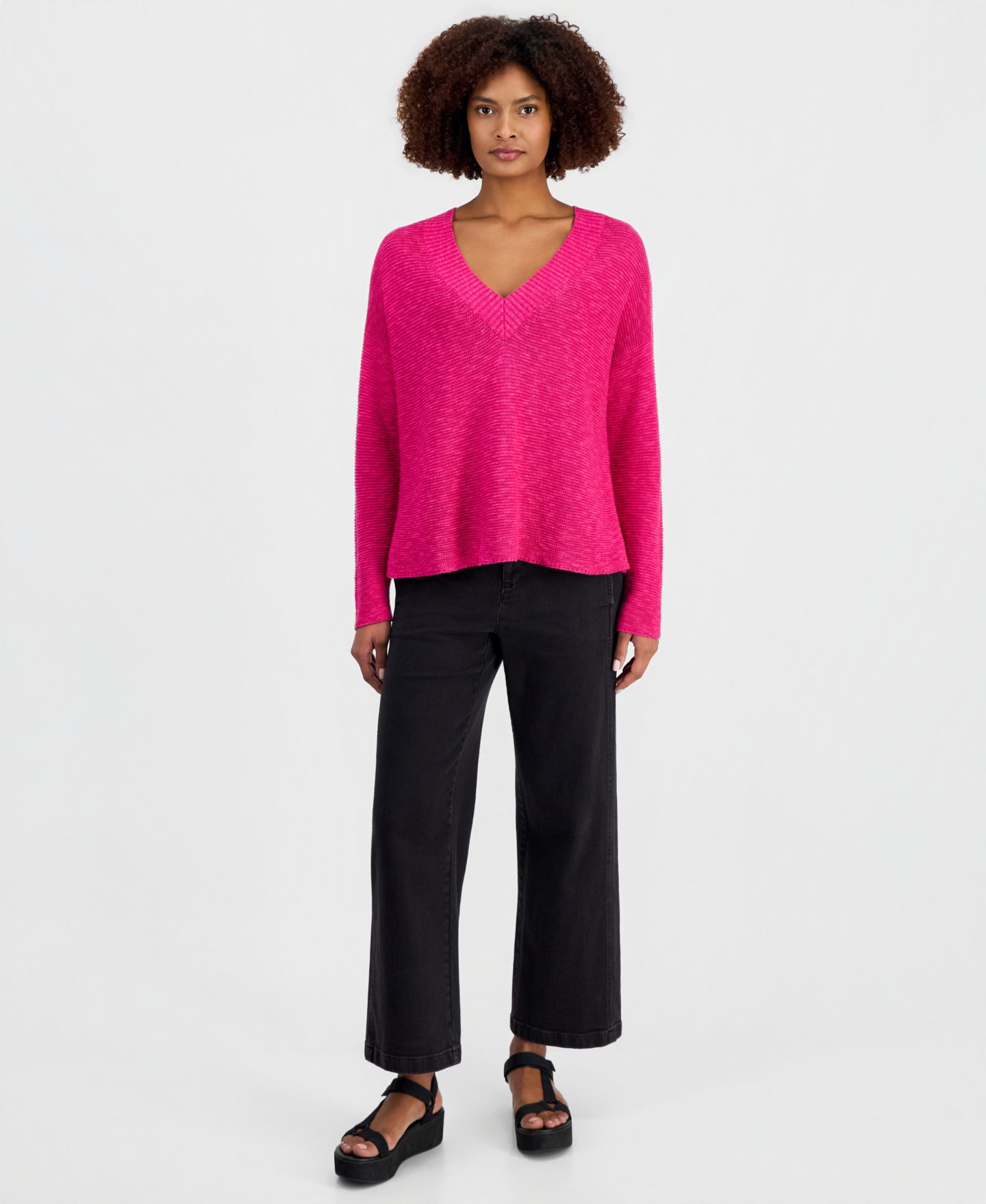 Женский свитер Eileen Fisher Cotton & Linen V-Neck, цвет: Fusch — фото 2