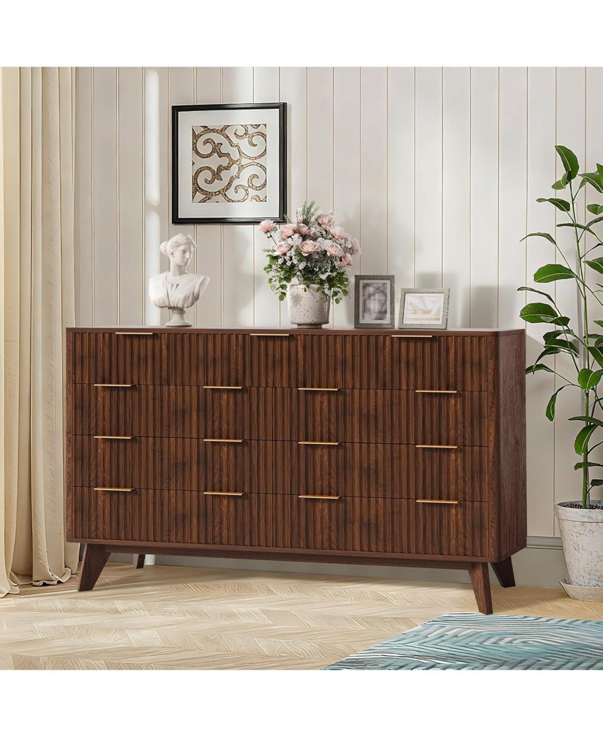 gaomon 54" Wide 9 Drawer Dresser,Wooden Chest of Drawers with Fluted Wave Pattern, Metal Handles, Modern Tv Stand with Curved Profile for Bedroom