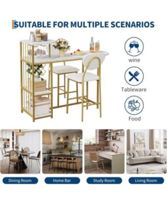 Expandable 3Pcs Dining Table Set for 2 – Space-Saving Bar Table & Chairs with Storage Shelves, Wine Rack – Ideal for Apartment, Kitchen