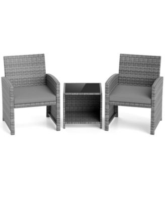 3 PCS Patio Furniture Set with Tempered Glass Coffee Table & Soft Seat Cushions