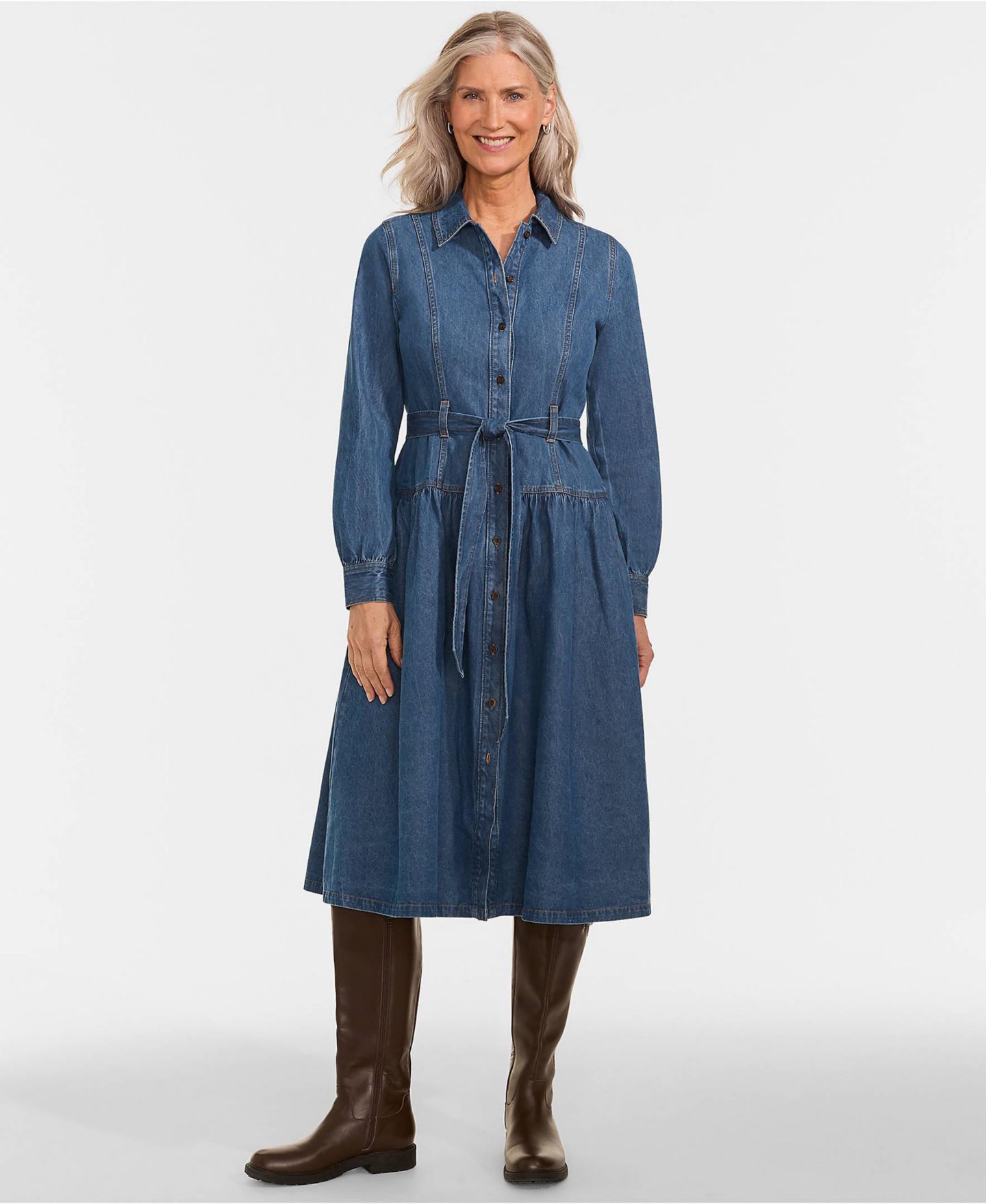 Женское платье Lands' End Denim Button Front Midi Shirt Dress, цвет: Индиго средняя варка — фото 1