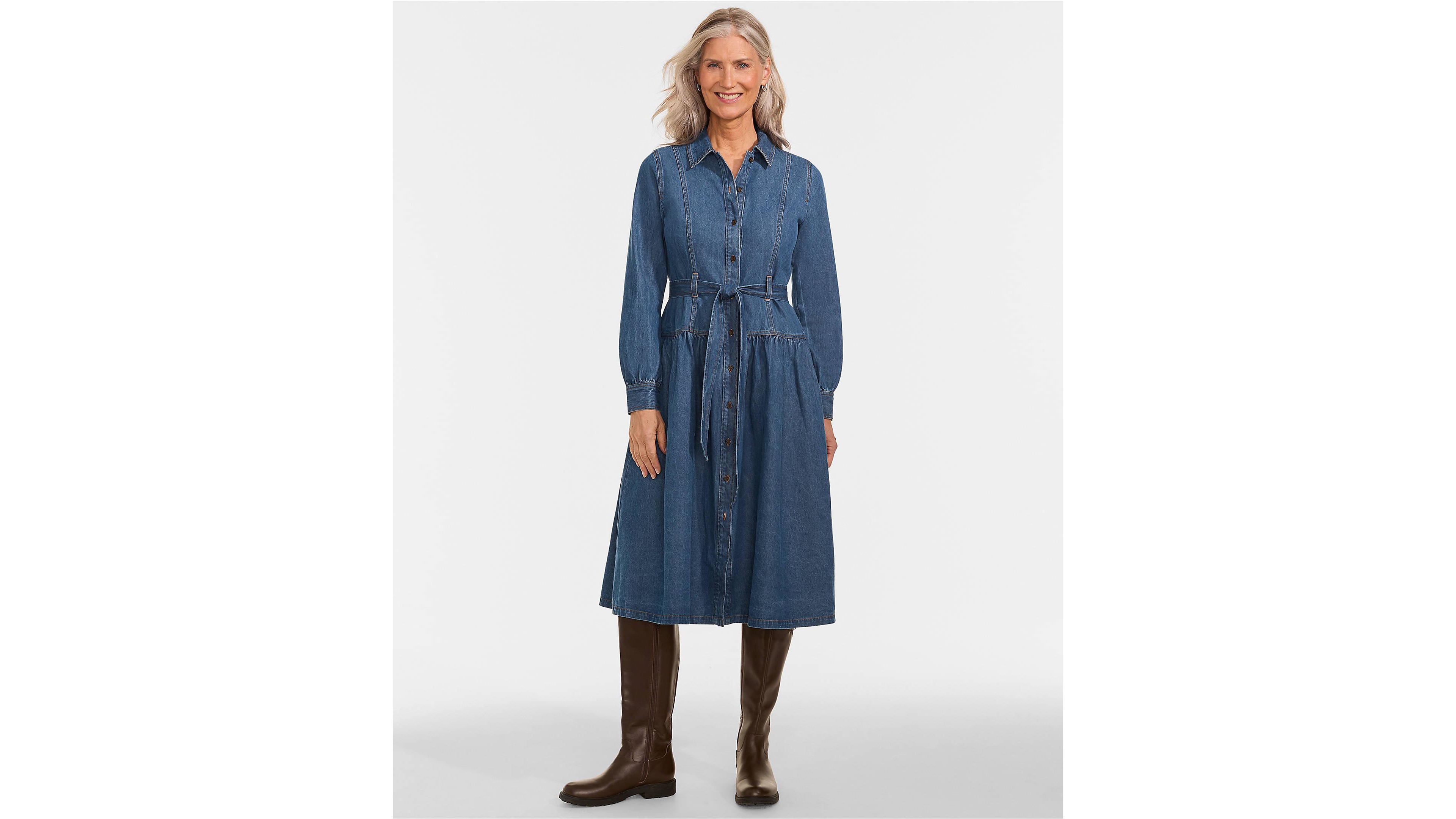 Lands' End Women's Denim Button Front Midi Shirt Dress