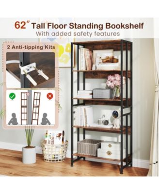 5-Tier Bookshelf with Adjustable and Tiltable Shelves