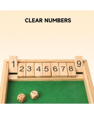 Wooden Shut The Box Numbers Dice Game Board with 2 Wooden Dices, Classic Popular English Pub Game