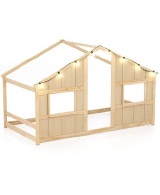 Kids Twin Floor Bed, House-Shaped Design with LED Lighting