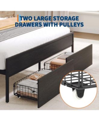Full Bed Frame with Storage Drawers and Charging Station,Upholstered Headboard Bed with 2-Tier Storage Shelf, Metal Platform Bed Frame