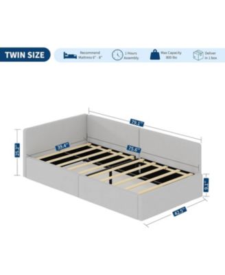 Twin Daybed with Bed Rails, Velvet Corner Bed Frame with Headboard, Modern Kids Bed with Guardrail for Living Room, Bedroom
