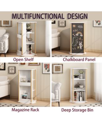 360° Rotating Kids Bookshelf, 3-Tier Wood Floor Bookcase with Chalkboard, Toy Storage Organizer & Book Display Stand for Nursery and Playroom