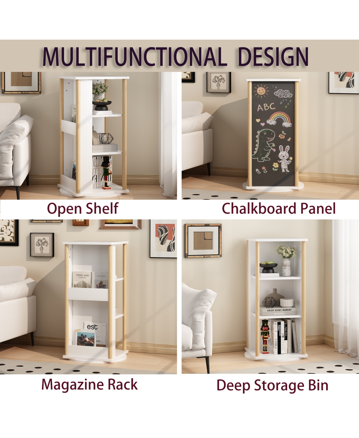 Rainsken 360° Rotating Kids Bookshelf, 3-Tier Wood Floor Bookcase with Chalkboard, Toy Storage Organizer & Book Display Stand for Nursery and Pla