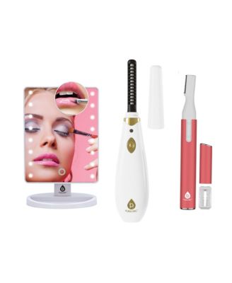 Heated Eyelash Curler, Facial Trimmer & Eyebrow Grooming Kit with LED Vanity Mirror