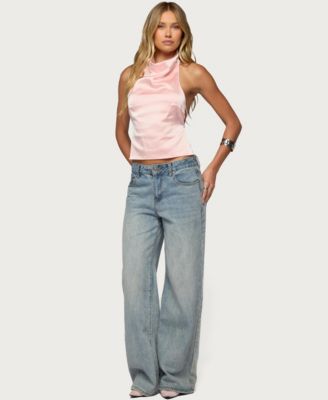 Women's Satin Effect Backless Cowl Neck Top