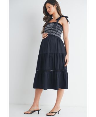 Maternity Smocked Empire Waist Midi Dress with Shoulder Ties