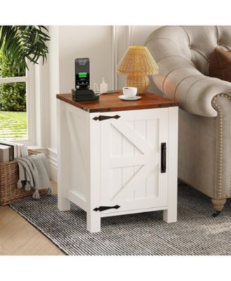 Rustic Farmhouse Nightstand with Charging Station, Barn Door & Adjustable Storage Shelf, Wooden Small Table 2PCS