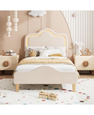 Bed Frame with Adjustable LED Headboard, Velvet Upholstered Princess Platform Bedframe with Footboard for Kids/Girls, Wooden Slats Support