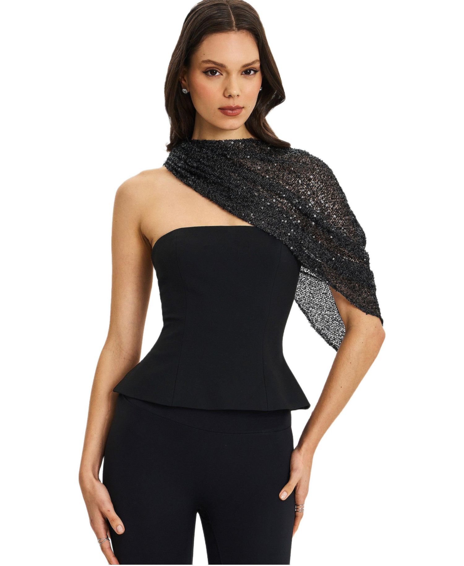 Women's Quinette Black Peplum Top with Beaded Asymmetrical Cape