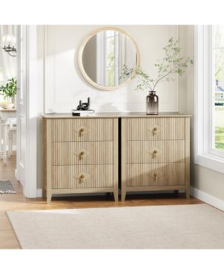 2 Piece Fluted Nightstand Set, 27.5" Wide Bedside Tables with 3 Storage Drawers & Metal Handles for Bedroom
