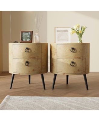 2-Pack Round Side Table with Drawers, 188" Modern Farmhouse Bedside Table, Wood Accent Table with Metal Legs & 300lb Capacity for Living Room