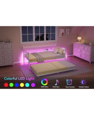 Twin Daybed with Trundle, Metal Trundle Bed with Charging Station & LED Lights, Sofa Bed Frame with 6 Locking Caster Wheels for Living Room