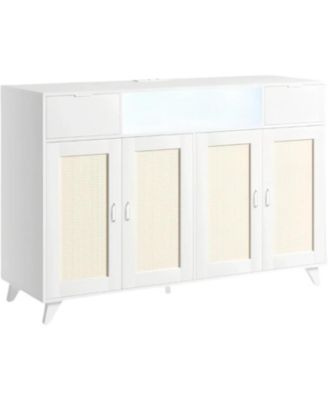 Rattan Sideboard Buffet Cabinet With LED Lights, 2 Drawers 2 Doors Storage Cabinet, Modern Console Table With Power Outlet & Adjustable Shelves