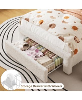 Upholstered Twin Bed Frame with Headboard, 2-Tier Storage, Charging Station & Drawer, Metal Platform, No Box Spring Needed