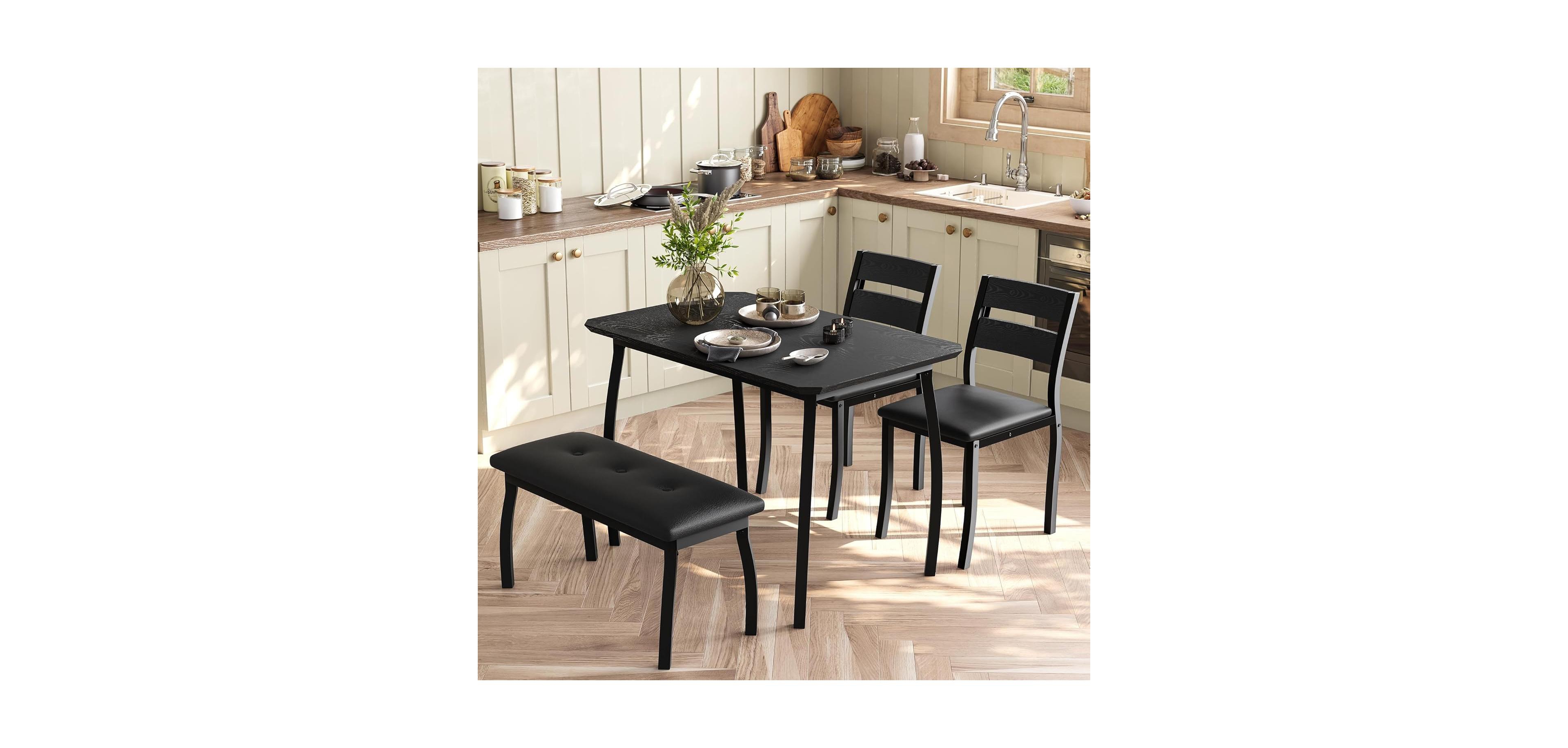 gaomon Dining Table Set for 4,Wooden Kitchen with Upholstered Bench & 2 Cushion Chairs, Space-Saving Dinette Studio,Kitchen,Dining Room