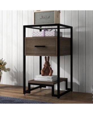 Nightstand, Mid Century Modern End Table with Storage Drawer and 3-Tier Storage & Tempered Glass Top, Bedside Furniture with Steel Frame