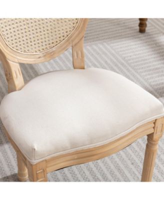 French Style Solid Wood Frame Dining Chair with Linen Fabric and Rattan Back Set of 2