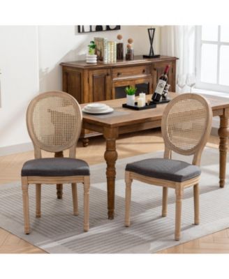 French Style Solid Wood Frame Dining Chair with Linen Fabric and Rattan Back Set of 2